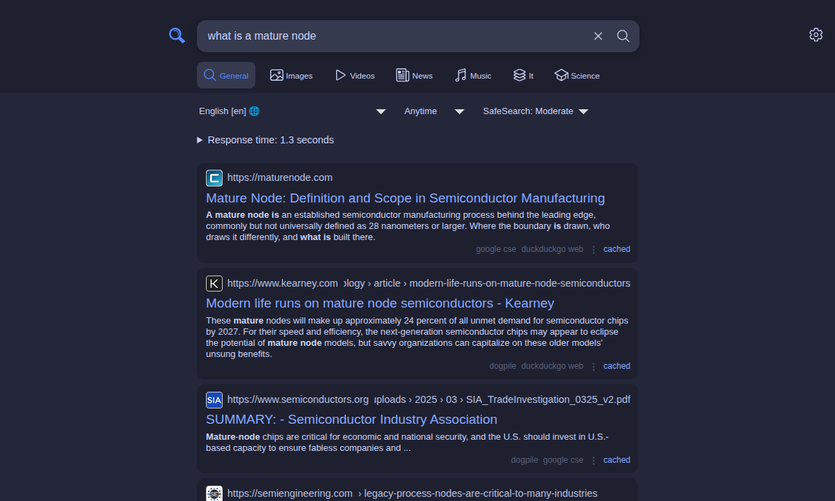 Search results page for the query 'what is a mature node.' The top result is maturenode.com, followed by Kearney and the Semiconductor Industry Association.